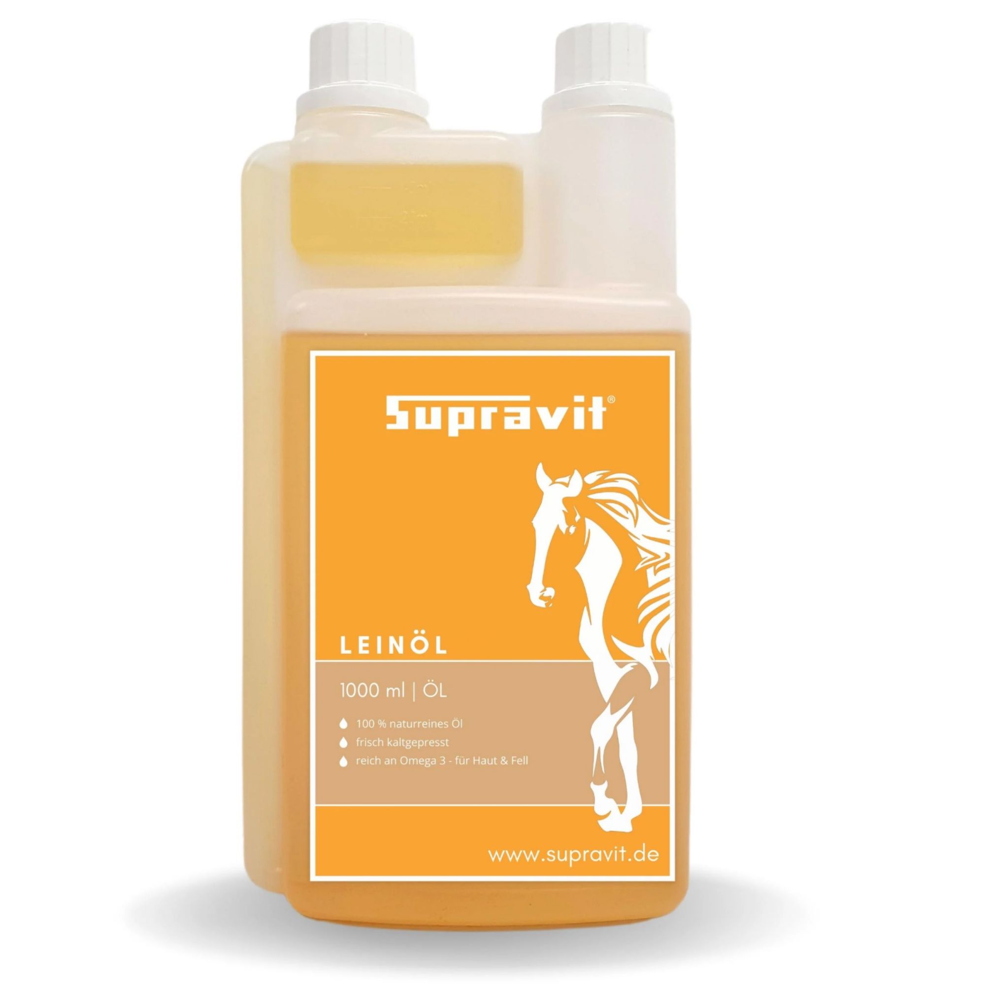 Produktflasche mit Logo und Text. Text: Leinöl, 1000 ml, 100% naturreines Öl, reich an Omega-3.