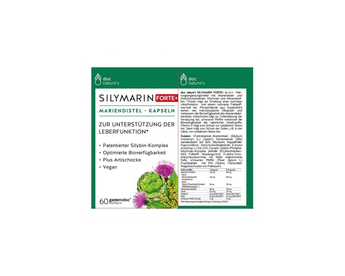 Produktverpackung mit Mariendistel-Kapseln. Grün-weißes Design, Produktname und Logo sichtbar. 60 Kapseln.