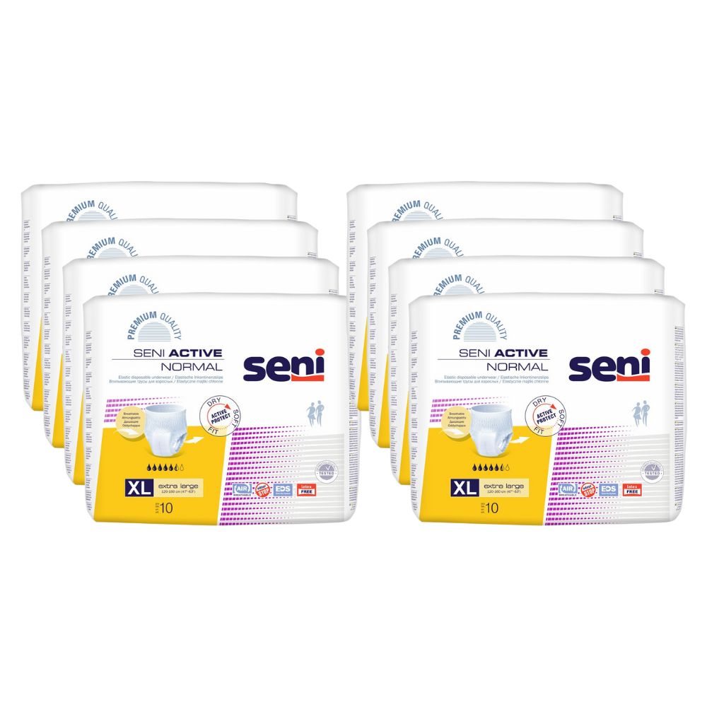 Mehrere Packungen Seni Active Normal Inkontinenzpants, Größe XL, auf weißem Hintergrund. Packungen mit Produktnamen und Logo.