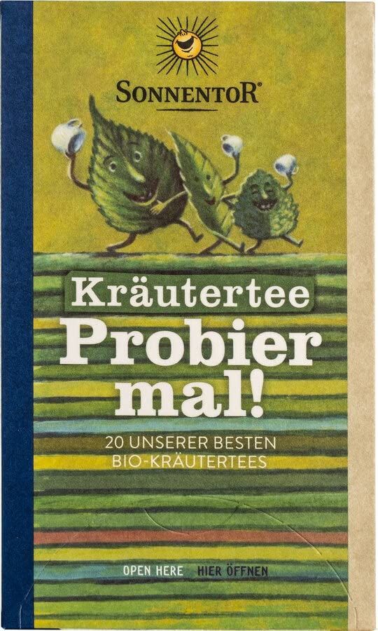 SonnenTor Kräutertee Probier mal! Vorderseite der Packung mit Comic-Blättern.