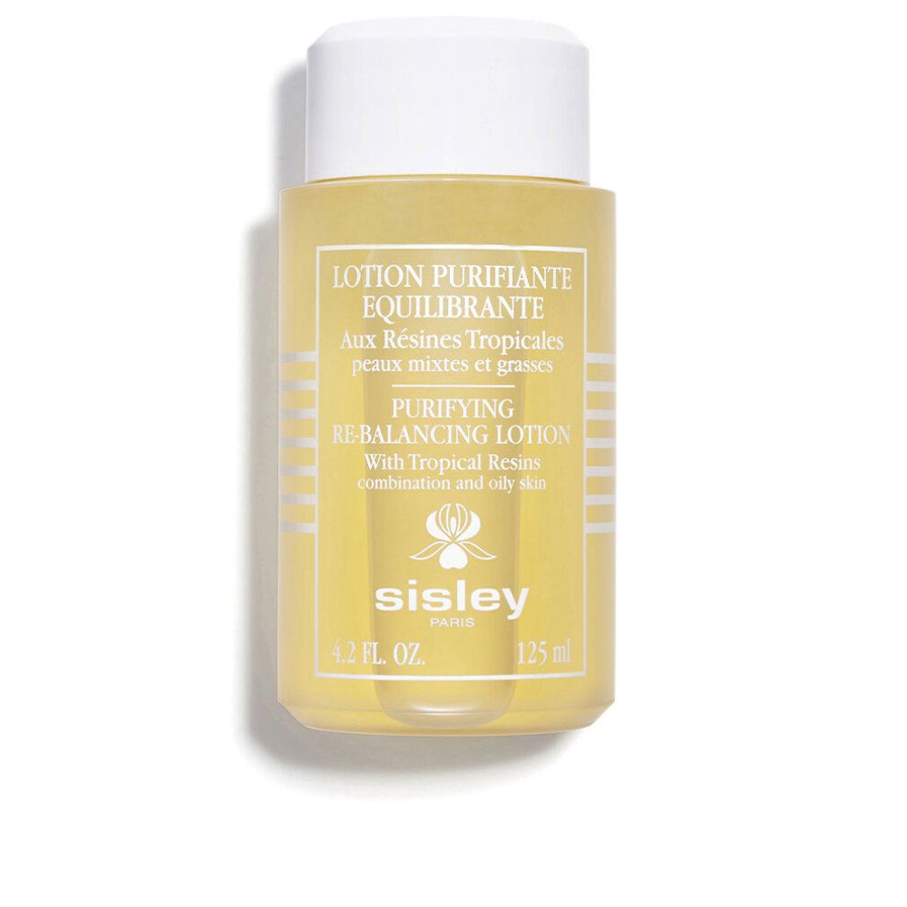 Gelbe Flasche mit weißem Deckel. Beschriftung: Lotion Purifiante Equilibrante, Sisley. 125 ml.