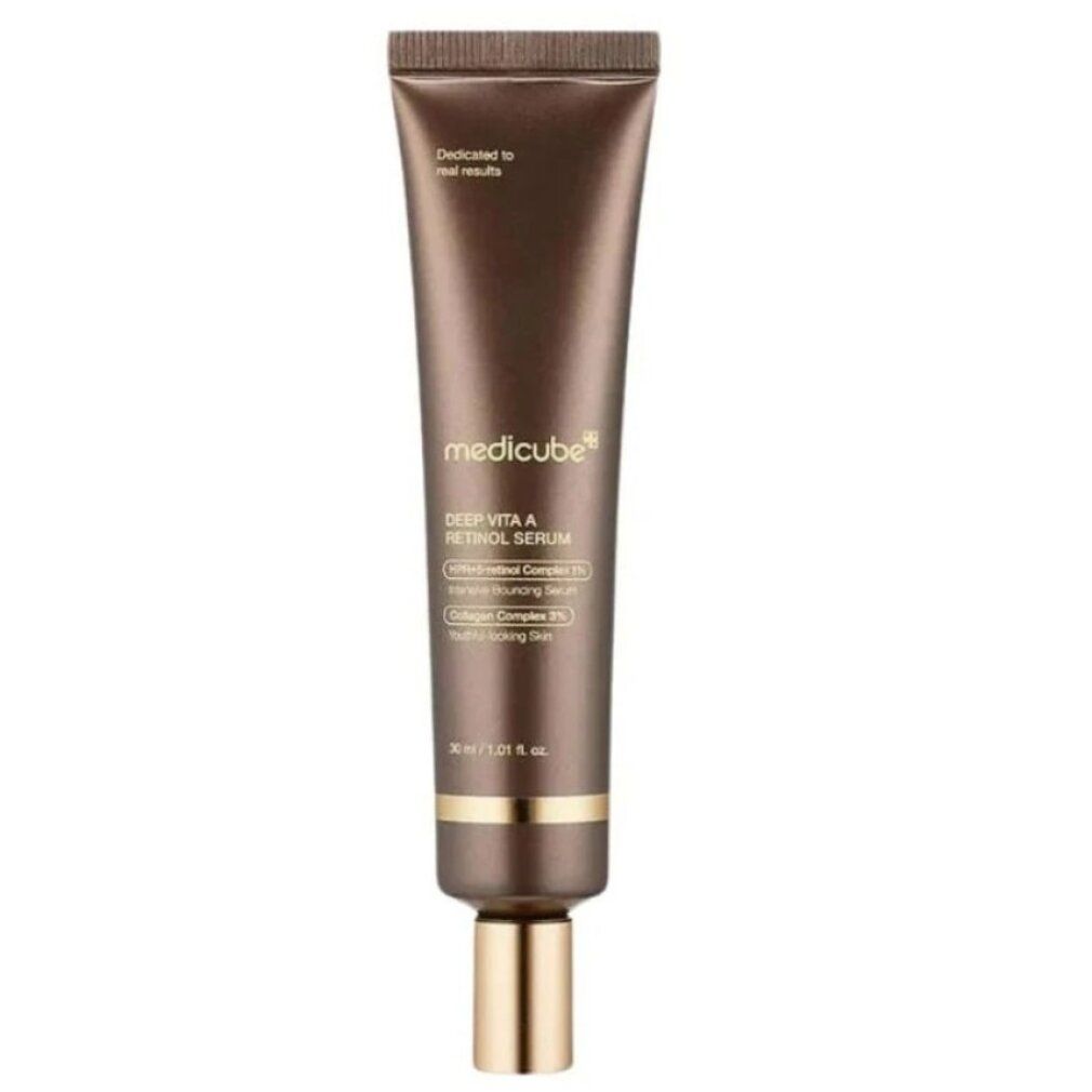 Braune Tube Medicube Deep Vita A Retinol Serum, 30 ml. Goldener Verschluss.