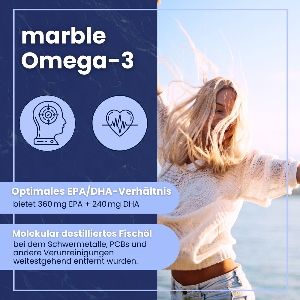 Grafik mit marble Omega-3. Text: Optimales EPA/DHA-Verhältnis, 360 mg EPA + 240 mg DHA. Molekular destilliertes Fischöl. Frau im Hintergrund.