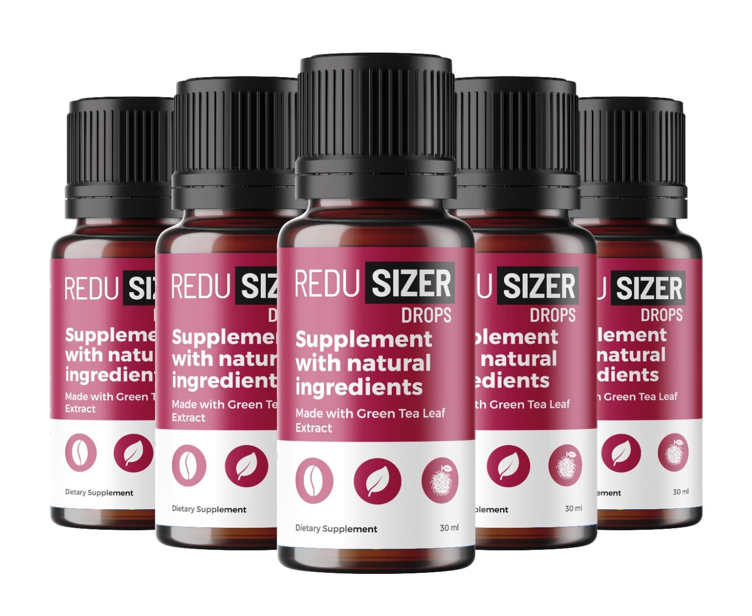 Fünf braune Glasflaschen mit schwarzen Deckeln. Rote Etiketten mit weißer Schrift. Text: REDU SIZER DROPS, Supplement with natural ingredients.