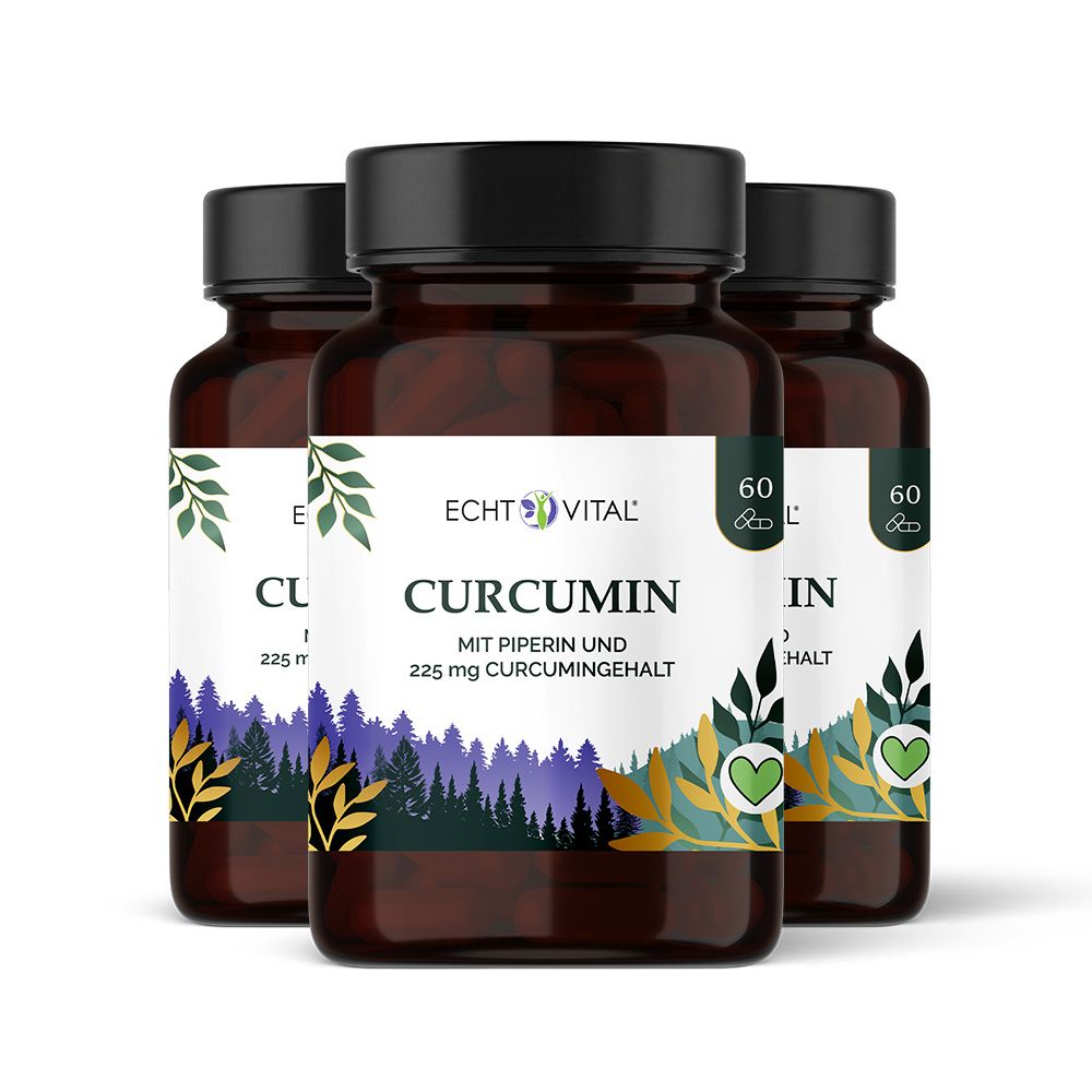 Drei braune Flaschen mit schwarzem Deckel. Aufschrift: Echt Vital Curcumin. 60 Kapseln. Grün-weißes Etikett. Wald-Design.