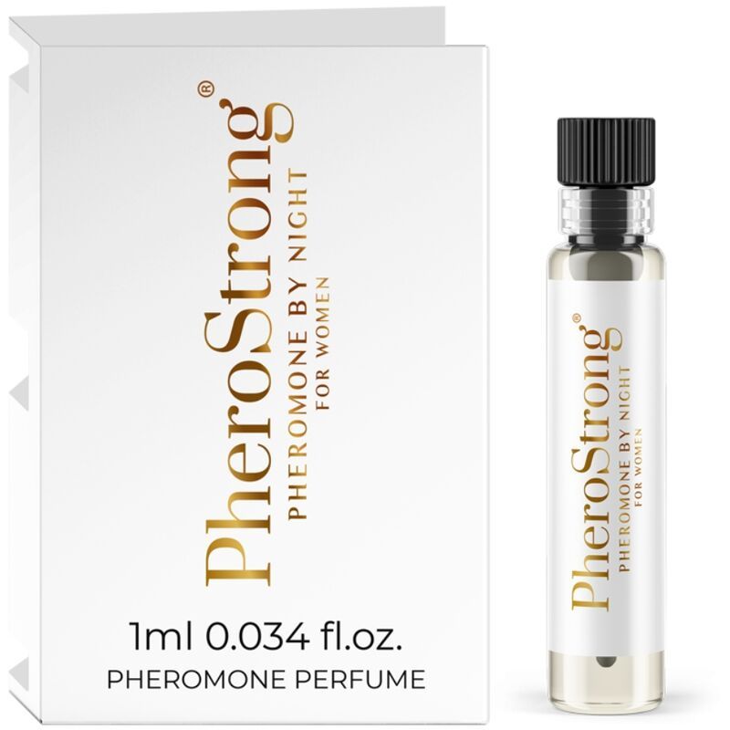 Weißer Karton und Glasflakon. Aufschrift: PheroStrong Pheromone By Night für Frauen. 1ml 0.034 fl.oz. Pheromone Perfume.