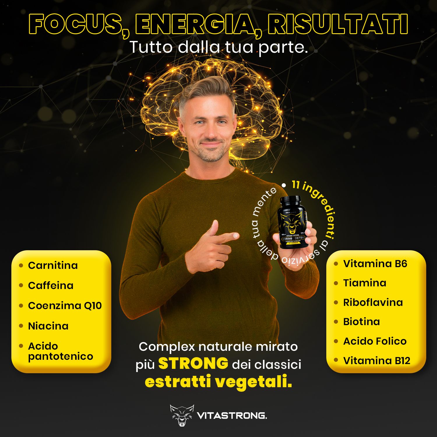 Mann zeigt auf Vitastrong Brainbooster. Gelbe Boxen mit Inhaltsstoffen. 11 Zutaten.
