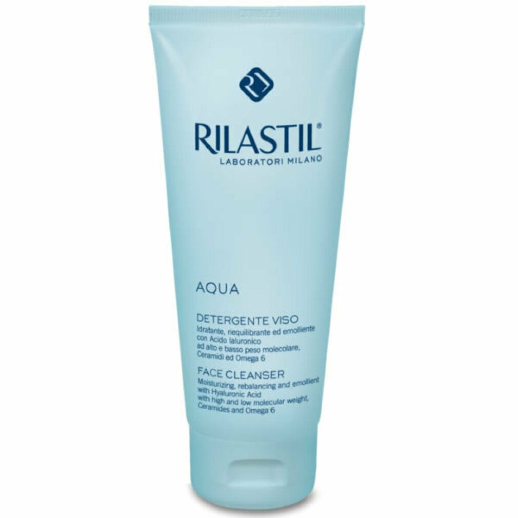 Hellblaue Tube mit Produktbezeichnung und Logo. Text: AQUA, DETERGENTE VISO, FACE CLEANSER. 200 ml.