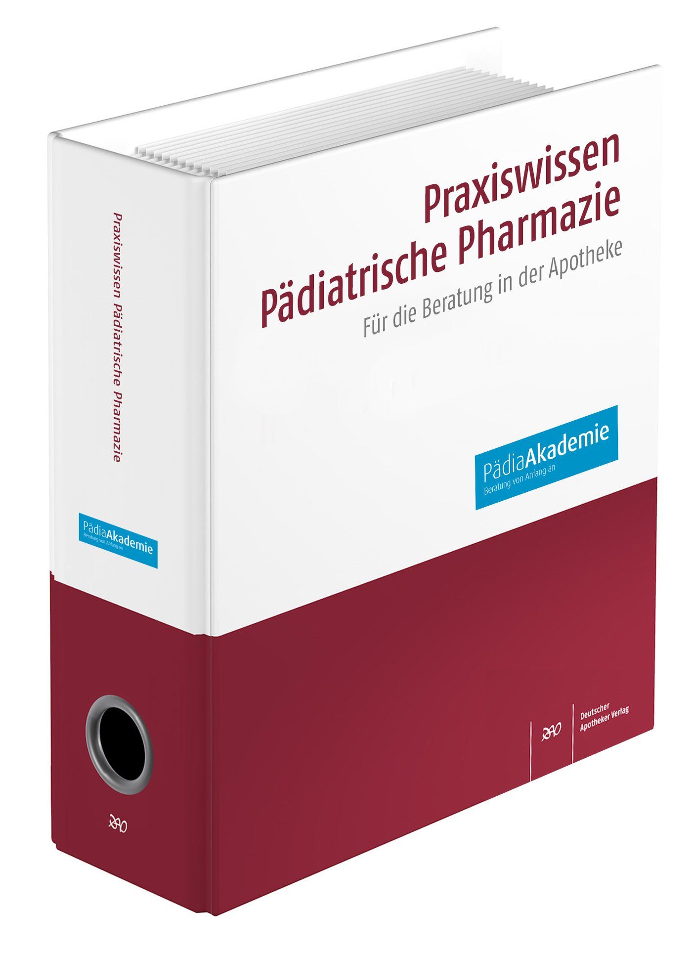 Ordner mit Titel Praxiswissen Pädiatrische Pharmazie. Weiß-rotes Design, Text in Burgunderrot. PädiaAkademie Logo.