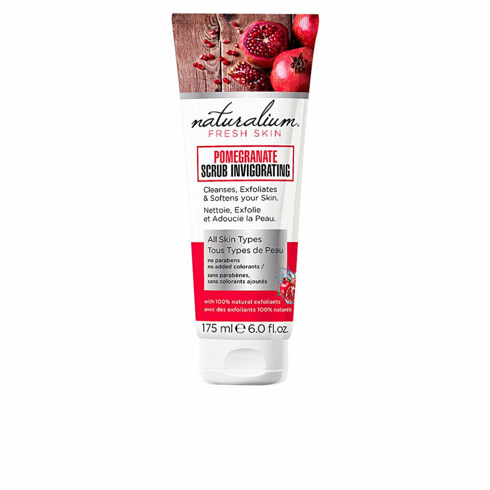 Tube Naturalium Pomegranate Facial Scrub. Produktname und Inhaltsstoffe aufgedruckt. Abbildung von Granatäpfeln.