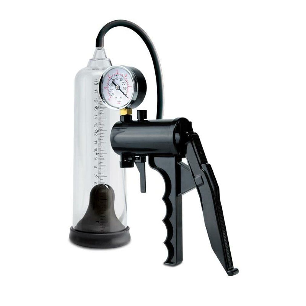 Vakuumpumpe mit Messskala und Manometer. Schwarzer Griff und Zylinder. Schwarzer Schlauch verbindet Zylinder und Pumpe.