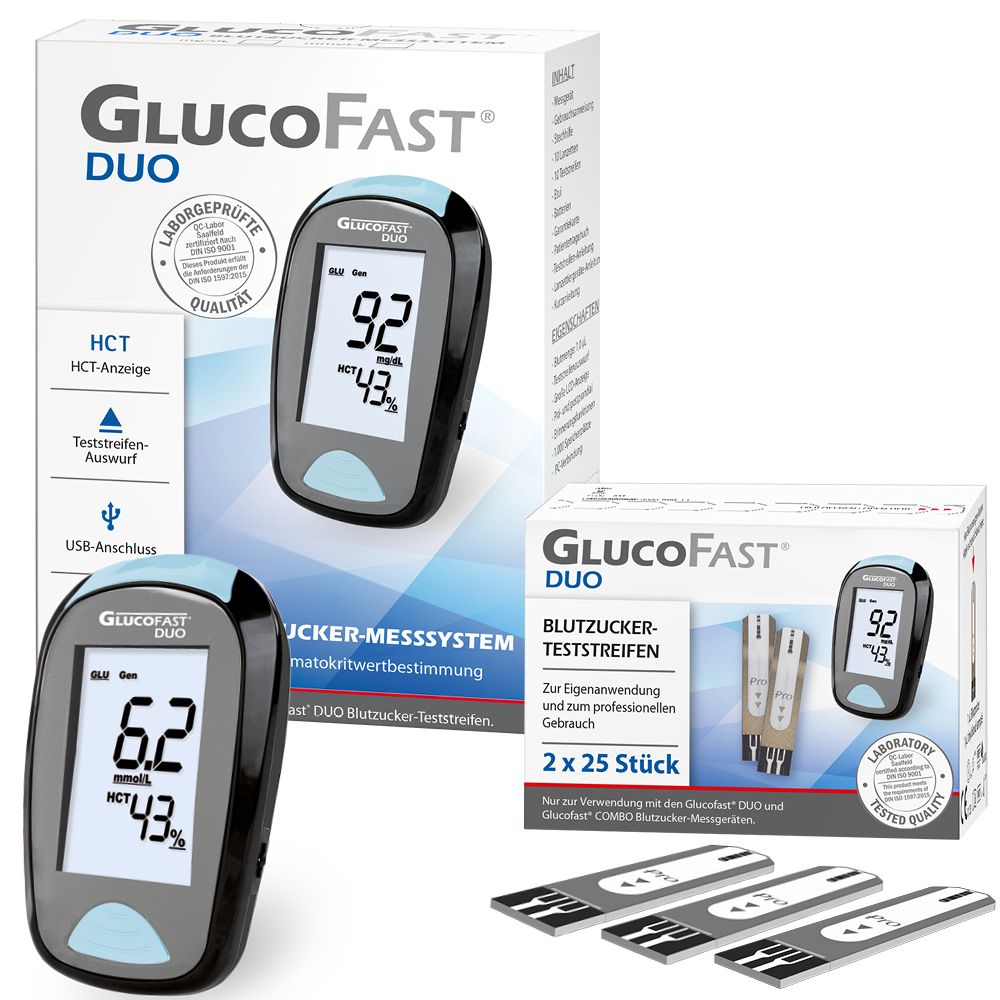 Blutzuckermessgerät und Teststreifen-Packung. Gerät mit Displayanzeige. Verpackung mit Produktnamen und Qualitätszeichen.