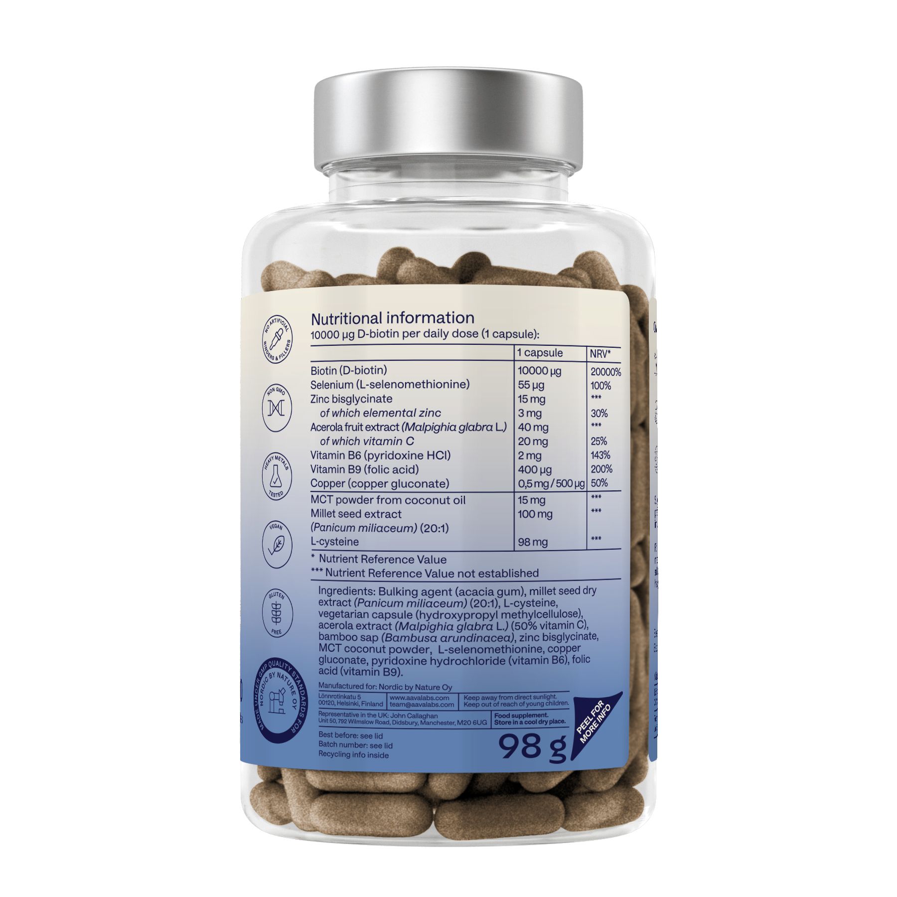 Rückseite der Flasche mit Kapseln. Enthält Nährwertinformationen und Inhaltsstoffe. Gewicht: 98g.
