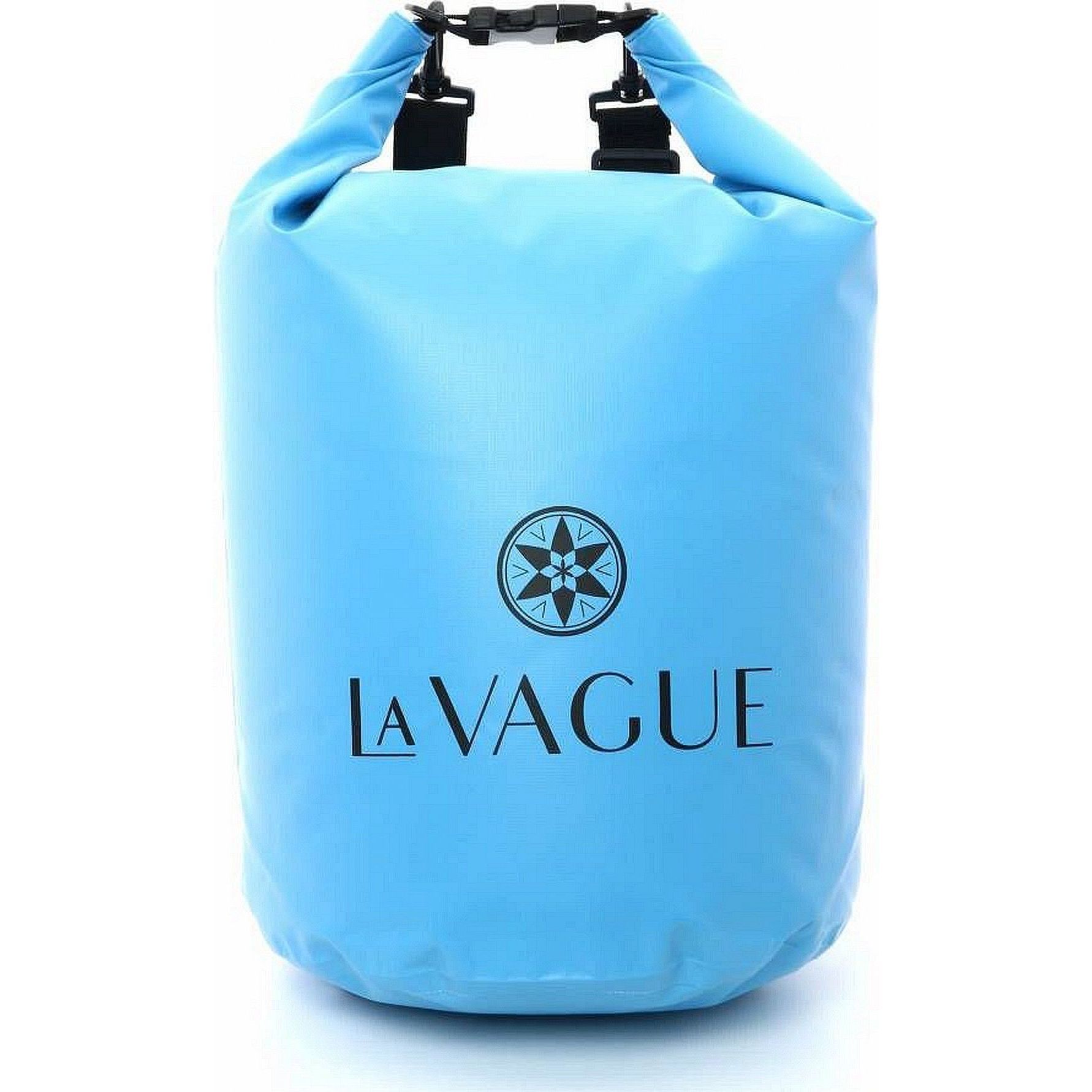 Blauer Packsack mit schwarzem Verschluss und Logo. Aufschrift: LA VAGUE.