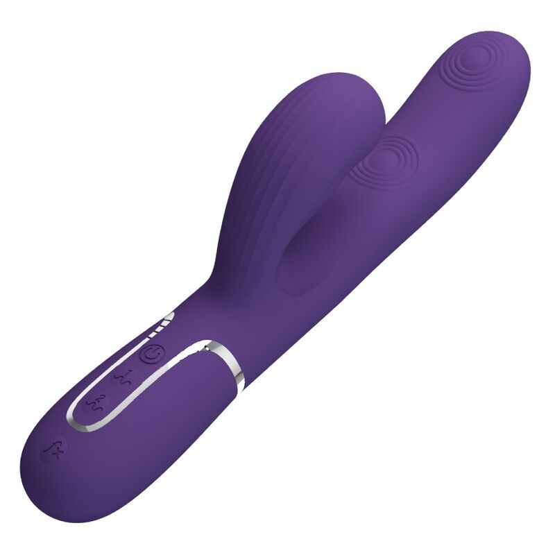 Lila Vibrator mit gebogener Form und geriffelter Spitze. Bedienknöpfe und silberne Zierleiste.