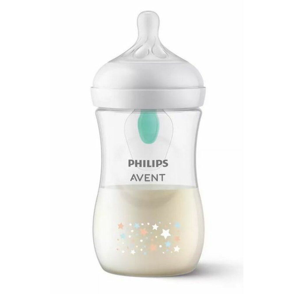 Babyflasche mit weißem Deckel und Sauger. Aufschrift Philips Avent. Milchfüllung, Sternenmuster.