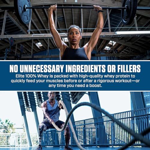 Eine Frau hebt eine Langhantel. Text: 'KEINE UNNÖTIGEN ZUTATEN ODER FÜLLSTOFFE'. Elite 100% Whey mit hochwertigem Protein.