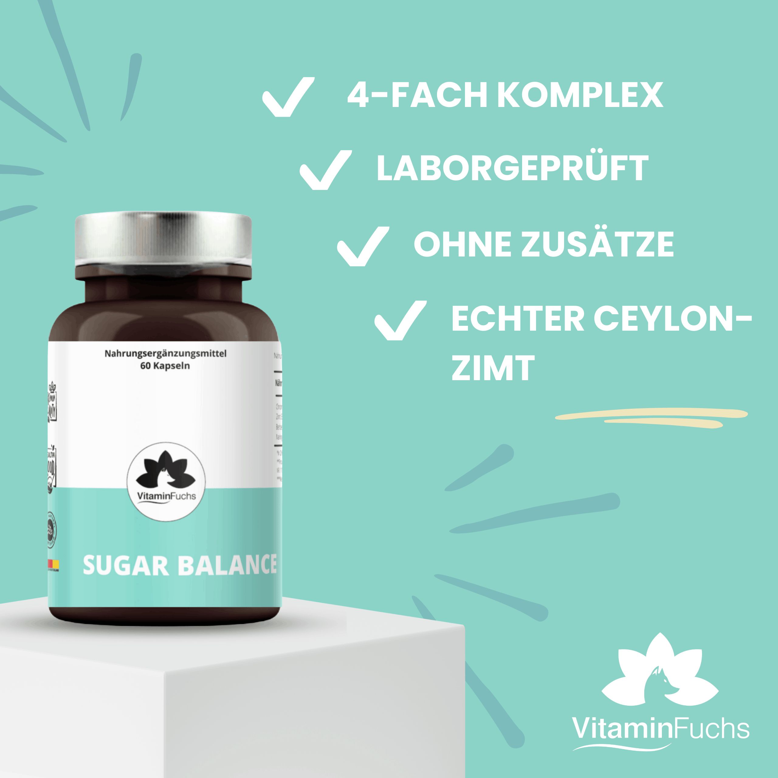 Braune Glasflasche mit silbernem Deckel. Aufschrift: Sugar Balance, VitaminFuchs. 4-fach komplex, laborgeprüft, ohne Zusätze, echter Ceylon-Zimt.