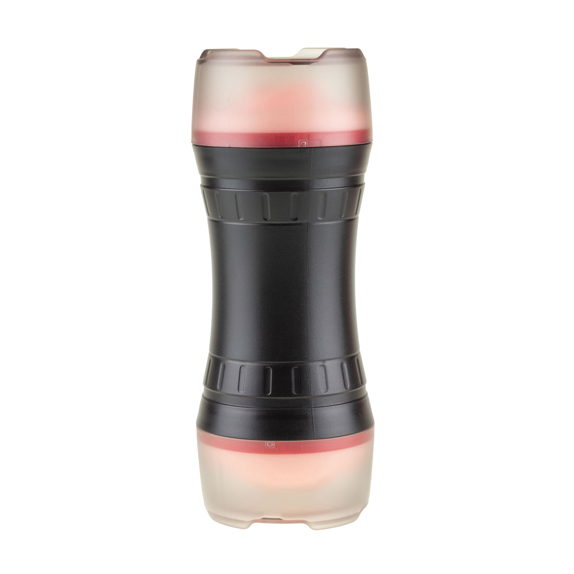 Zylindrisches Produkt mit schwarzem Mittelteil, transparenten Enden und roter Innenbeleuchtung. Form: Sanduhr.