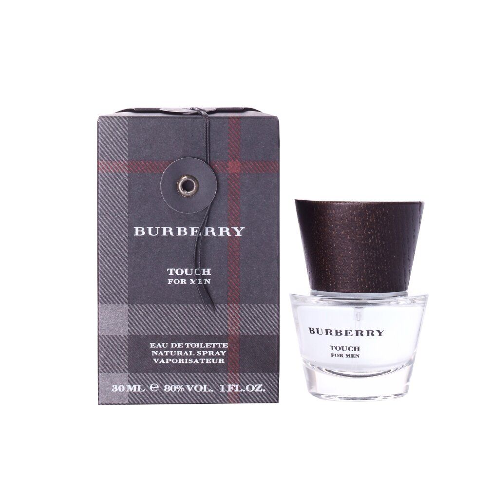 Parfümflakon und Verpackung. Verpackung mit Burberry-Logo und Karomuster.