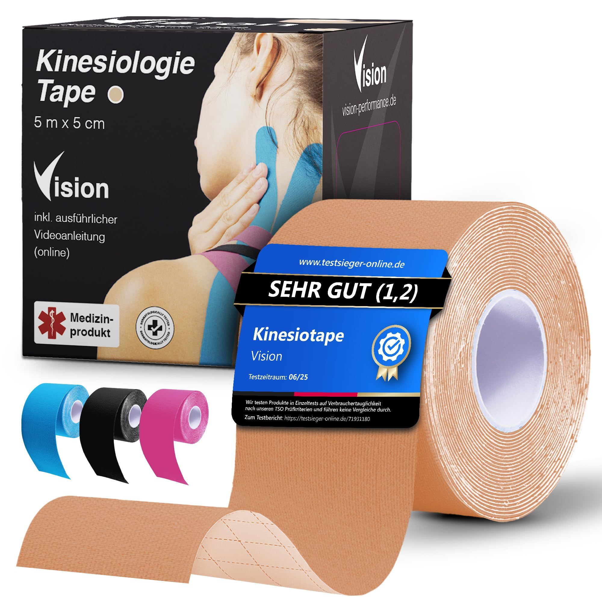 Kinesiologie Tape, 5m x 5cm, in verschiedenen Farben. Verpackung mit Produktinformationen und Zertifizierung.