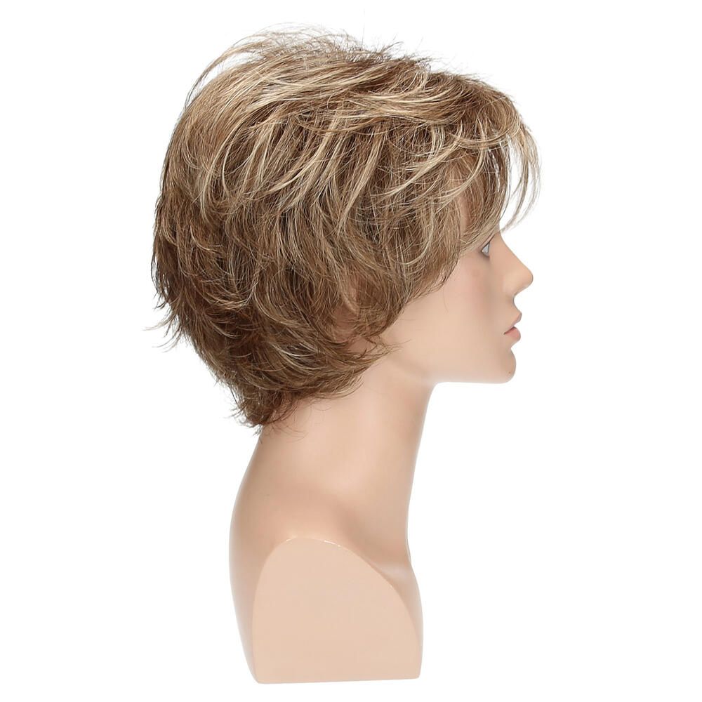 Perücke BRÜGGE auf einem Schaufensterkopf. Kurze, blonde Haare mit Strähnen. Seitenansicht.