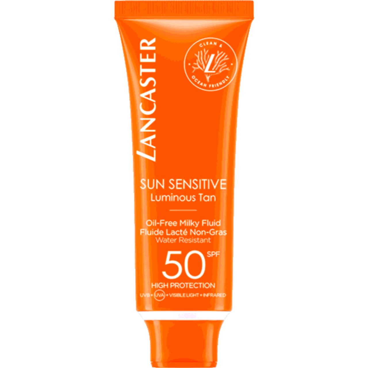 Orange Tube mit Sonnencreme. Text: Lancaster, Sun Sensitive, Luminous Tan, SPF 50, High Protection.