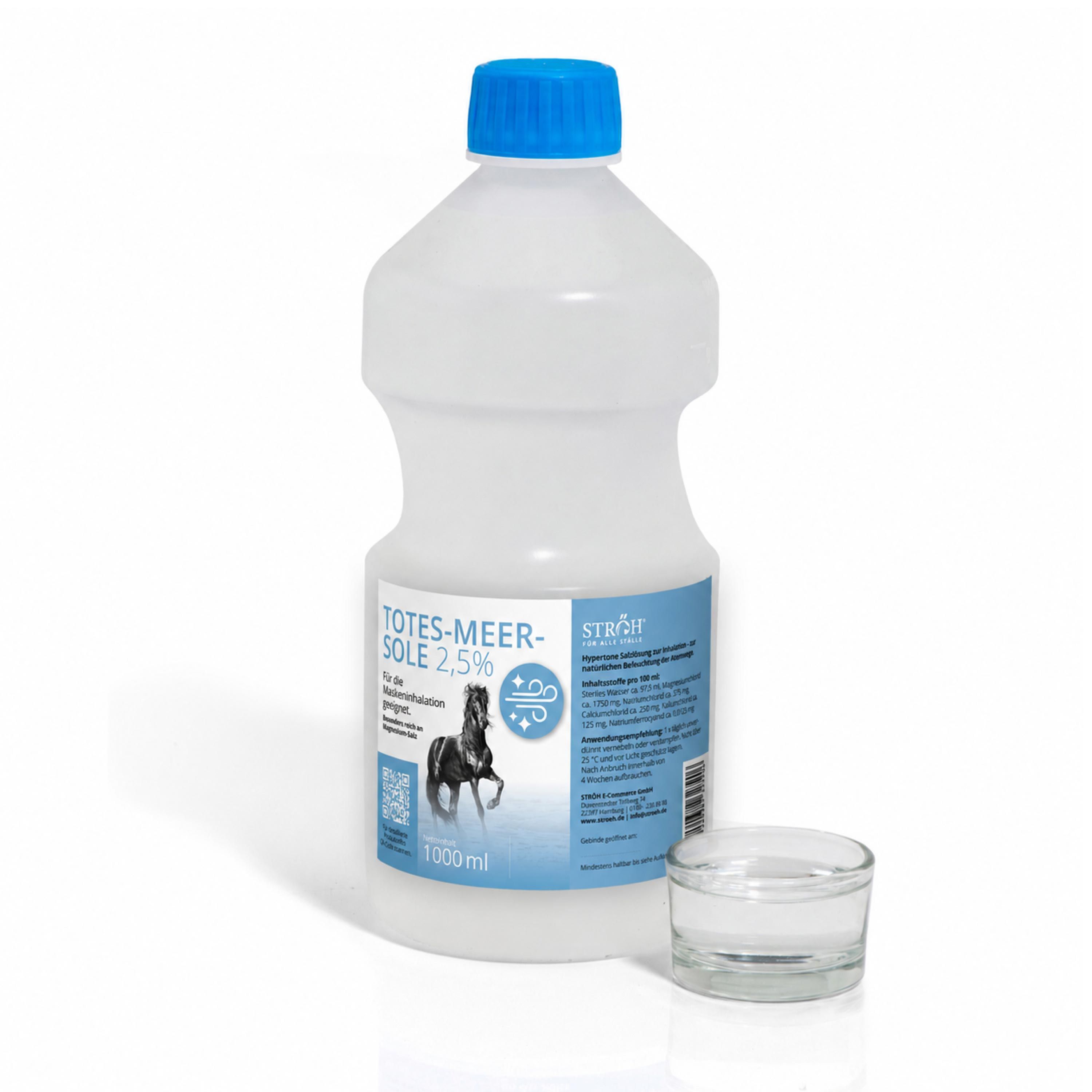 Flasche mit 1000ml Totes-Meer-Sole 2,5% und einem kleinen Glasbehälter.