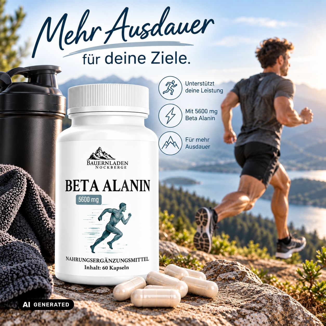 Beta Alanin Kapseln mit 5600 mg. Nahrungsergänzungsmittel für Ausdauer, in weißer Dose mit 60 Kapseln.
