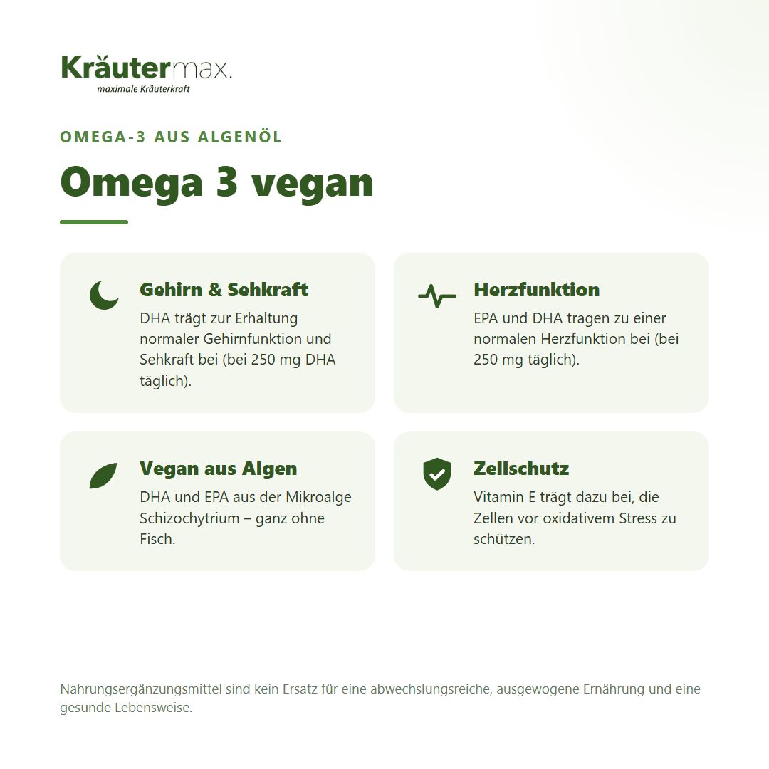Kräutermáx Omega 3 vegan: Informationen zu Gehirn, Sehkraft, Herzfunktion, Zellschutz und veganer Herkunft aus Algen.
