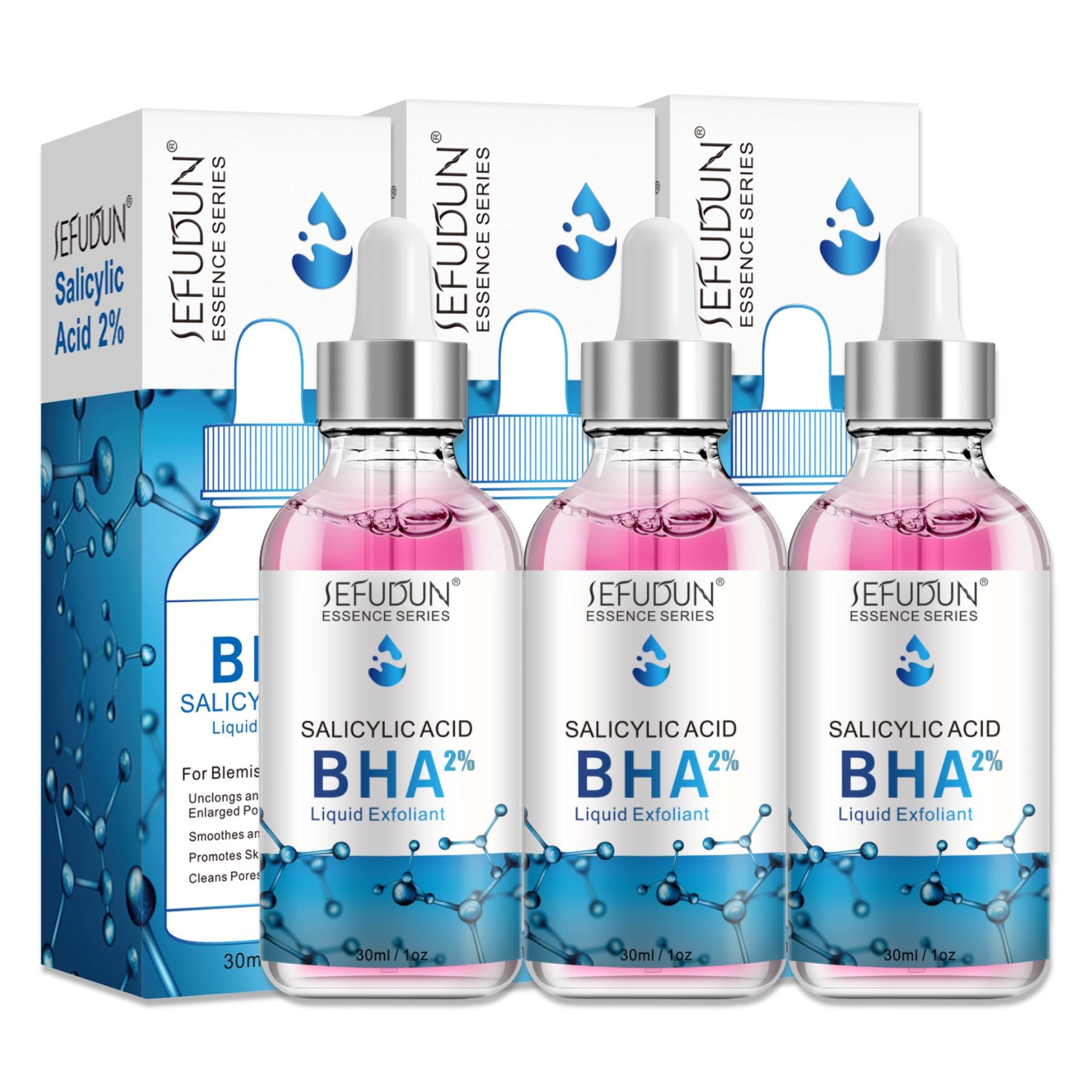 Drei Flaschen Serum mit Pipetten, in Kartons verpackt. Aufschrift: Salicylsäure BHA 2% Liquid Exfoliant.