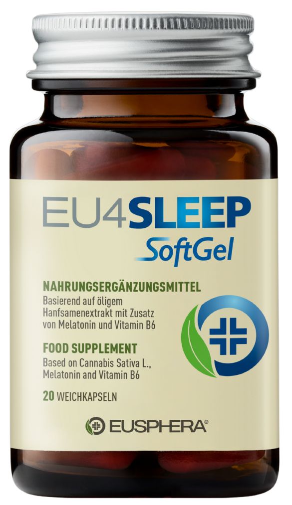 Flacon en verre brun avec capsules. Inscription: EU4SLEEP SoftGel. Complément alimentaire. 20 gélules.