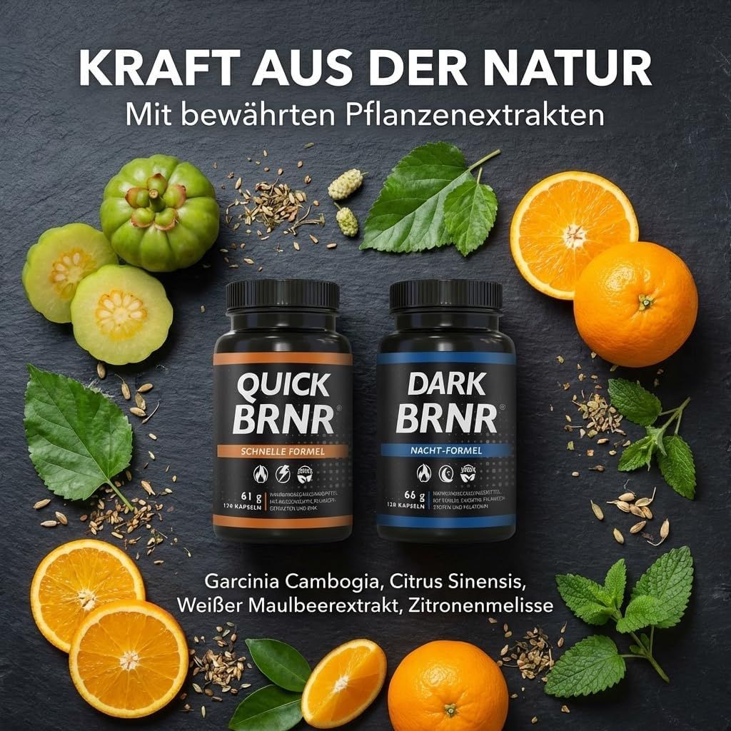 BRNR Stoffwechsel Kur: Tag- und Nacht-Flaschen umgeben von Früchten und Kräutern.