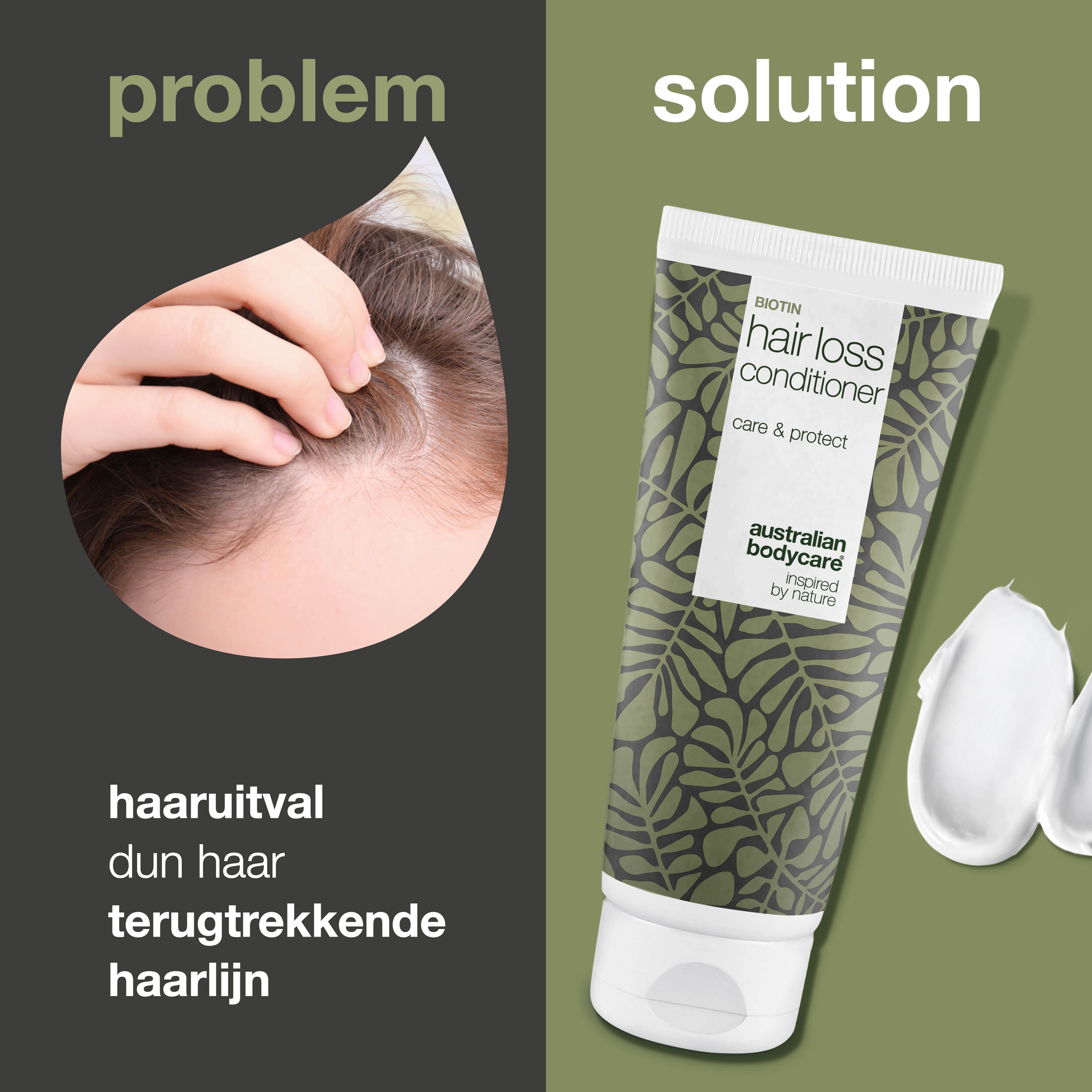 Vergelijking: probleem en oplossing. Haaruitval en tube haaruitval conditioner. Tekst: Hair loss conditioner, Australian Bodycare.