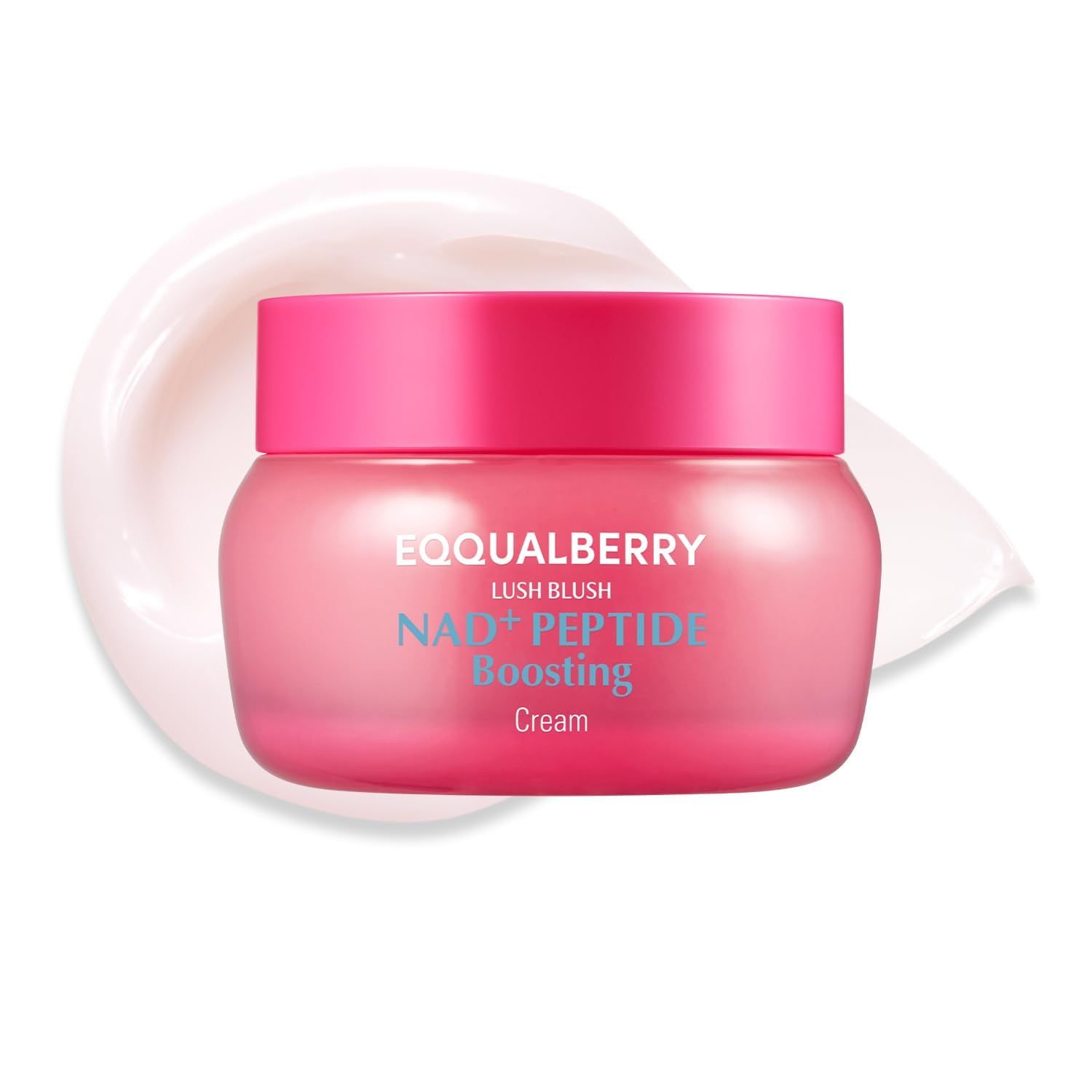 Rosa Tiegel EQQUALBERRY NAD+ Peptide Boosting Cream. Rosa Deckel. Text: Lush Blush, NAD+ Peptide Boosting Cream.