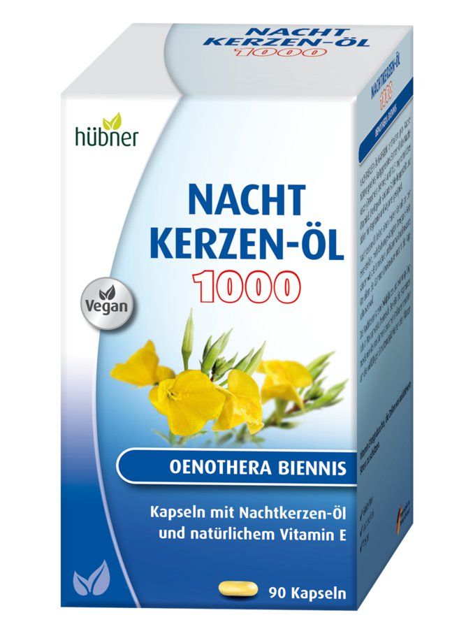 Verpackung von Hübner Nachtkerzenöl 1000mg. Enthält Kapseln mit Nachtkerzenöl und natürlichem Vitamin E. Vegan-Siegel. 90 Kapseln.