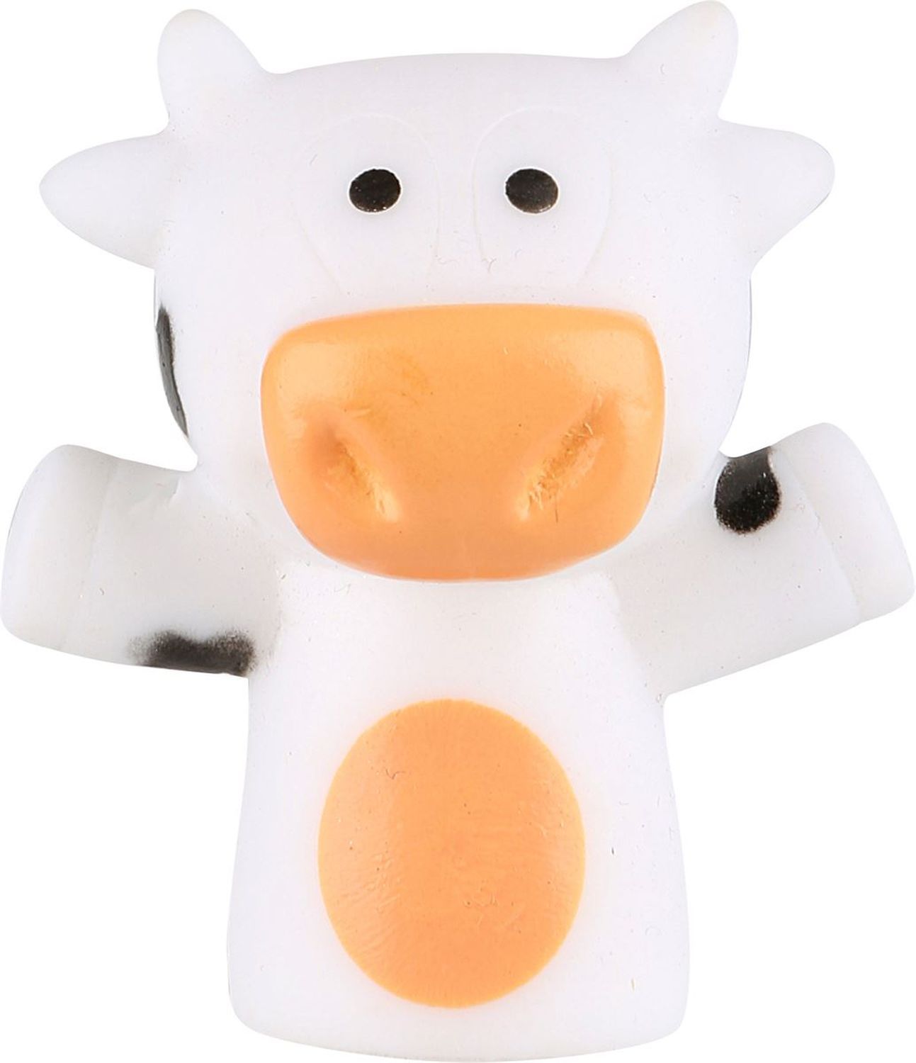 Fingerpuppen-Kuh mit weißem Körper, schwarzen Flecken und orangefarbenem Maul. Schwarze Augen.