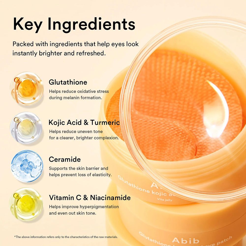 Abib Augenpads und ihre Hauptinhaltsstoffe: Glutathion, Kurkuma, Ceramid, Vitamin C.