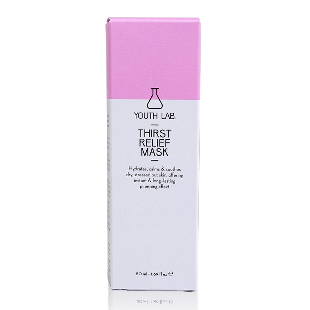 Weiße Verpackung mit rosa Deckel. Aufschrift: YOUTH LAB Thirst Relief Mask. Text: Hydratisiert, beruhigt, sofortiger & langanhaltender Effekt.