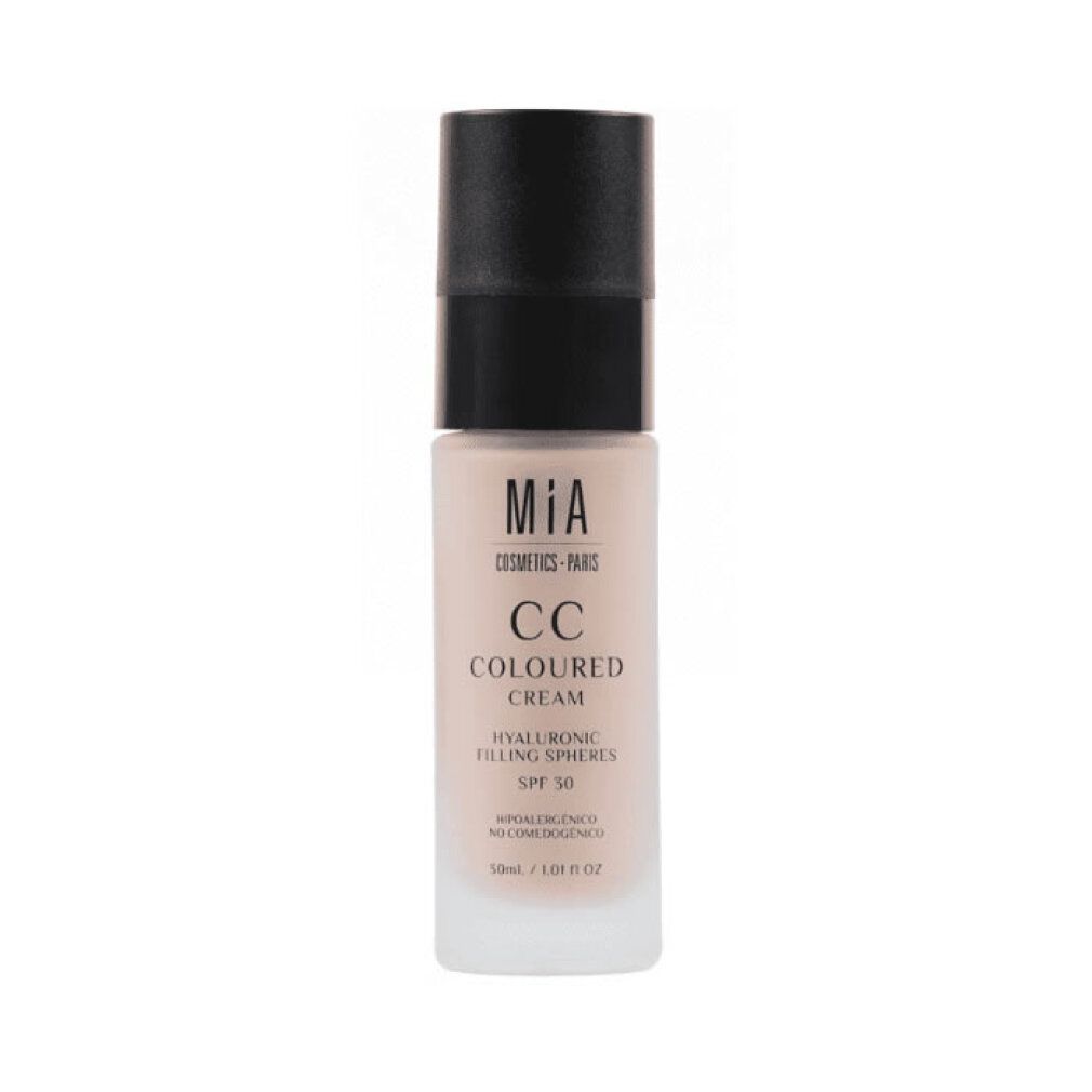 Mia Cosmetics CC Cream mit Hyaluronsäure-Sphären und LSF 30, Spenderflasche.