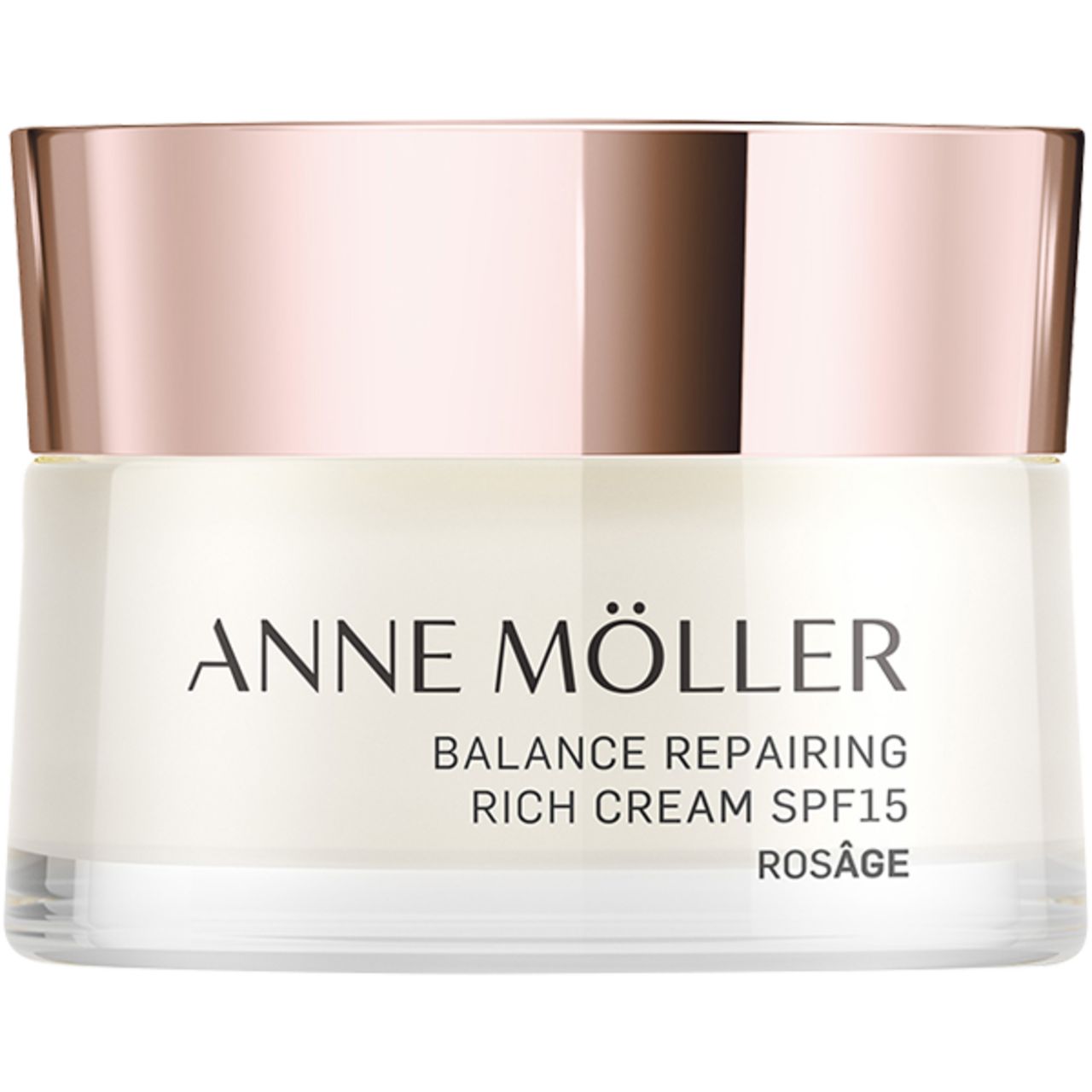 Creme-Glas mit roségoldfarbenem Deckel. Schriftzug: ANNE MÖLLER, BALANCE REPAIRING RICH CREAM SPF15, ROSÁGE.