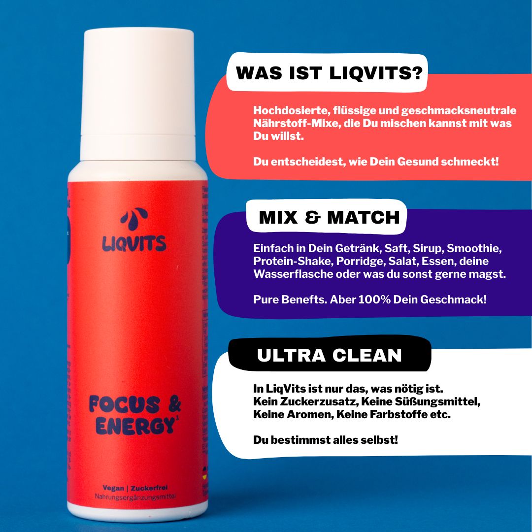 Rote Flasche mit weißem Deckel. Aufschrift: LiqVits, FOCUS & ENERGY. Text: WAS IST LIQVITS? MIX & MATCH. ULTRA CLEAN.