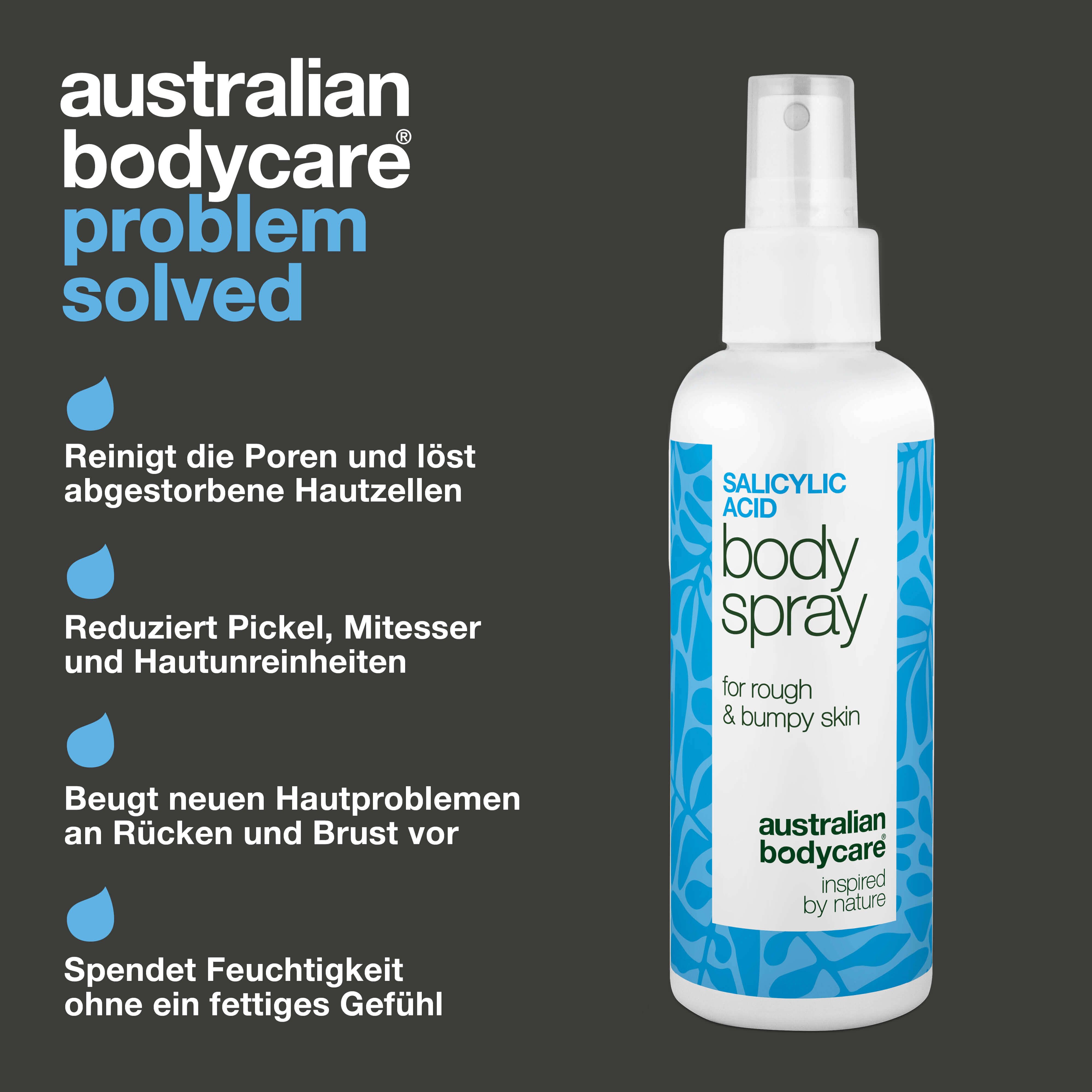 Produkt neben Text. Text: Problem gelöst. Produkt: Salicylsäure Body Spray. Reinigt Poren, reduziert Pickel.