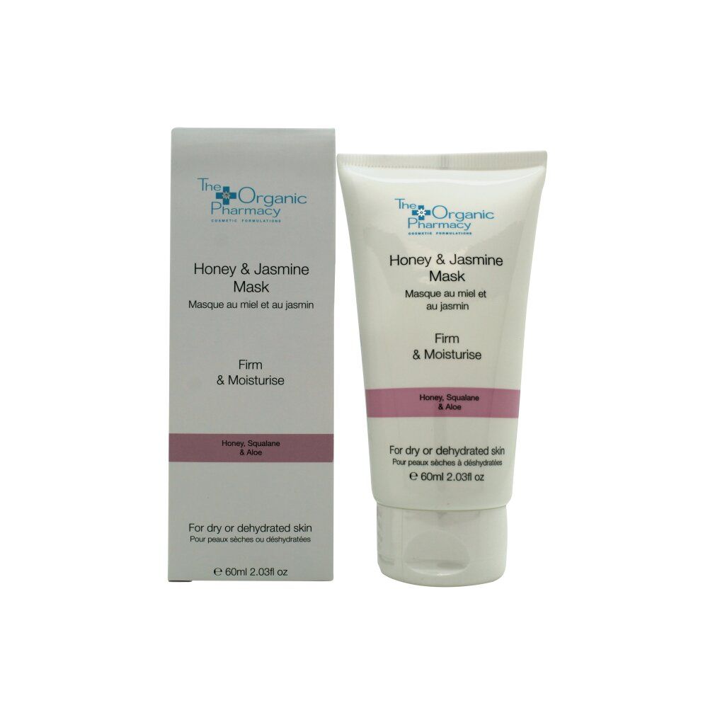 Produktverpackung mit Tube und Schachtel. Aufschrift Honey & Jasmine Mask. Text: Firm & Moisturise. Für trockene Haut.
