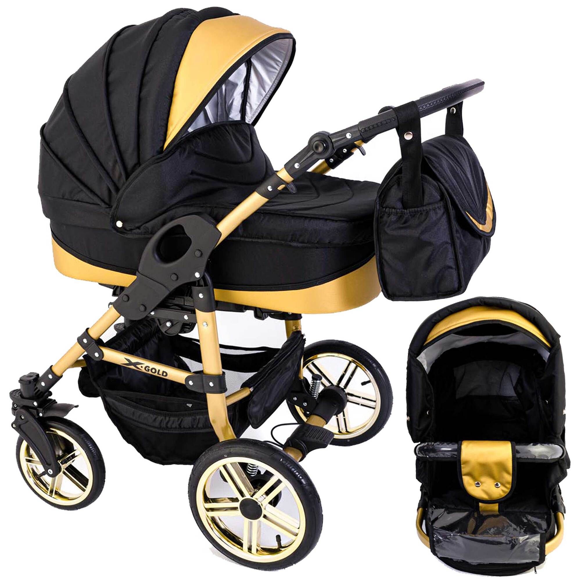 Schwarzer Kinderwagen mit goldenen Akzenten. Vier Räder, Tragetasche und Zubehör. "X GOLD"-Logo sichtbar.