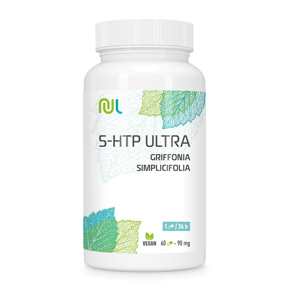 Weiße Flasche mit Etikett. Produktname 5-HTP Ultra, Logo von Nutrilife. Enthält Griffonia simplicifolia. Vegan-Siegel.