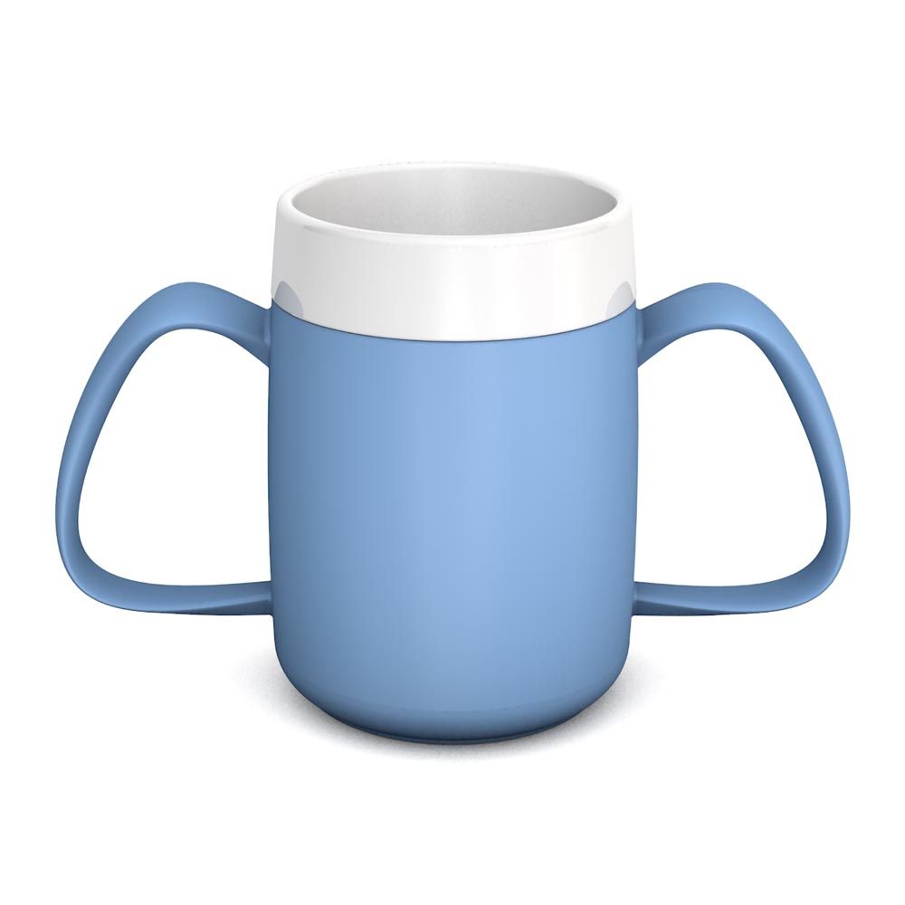 Blauer Becher mit zwei Griffen und weißem Rand. Zylindrische Form.