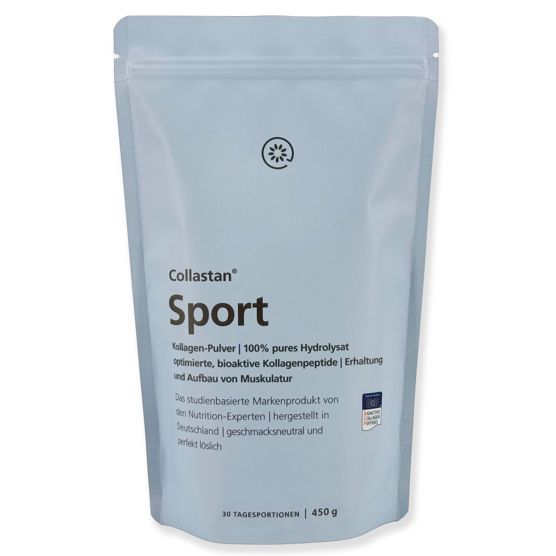 Beutel mit Collastan® Sport Kollagenpulver. Aufdruck: Sport, 100% pures Hydrolysat, für Muskelaufbau. 30 Portionen, 450 g.