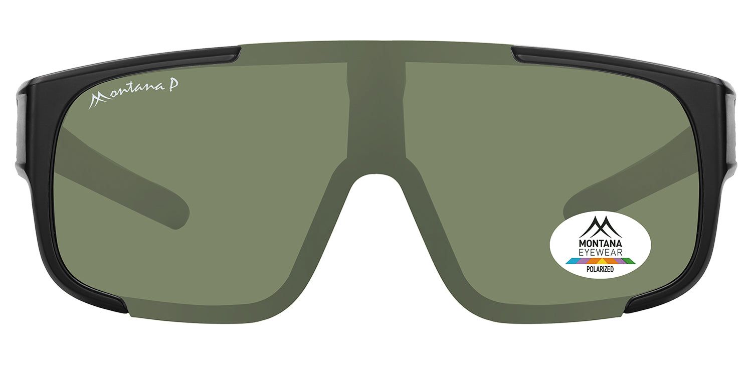 Sonnen-Überbrille, schwarz, mit grünen Gläsern. Montana Eyewear Logo und Polarized-Aufkleber. Frontansicht.
