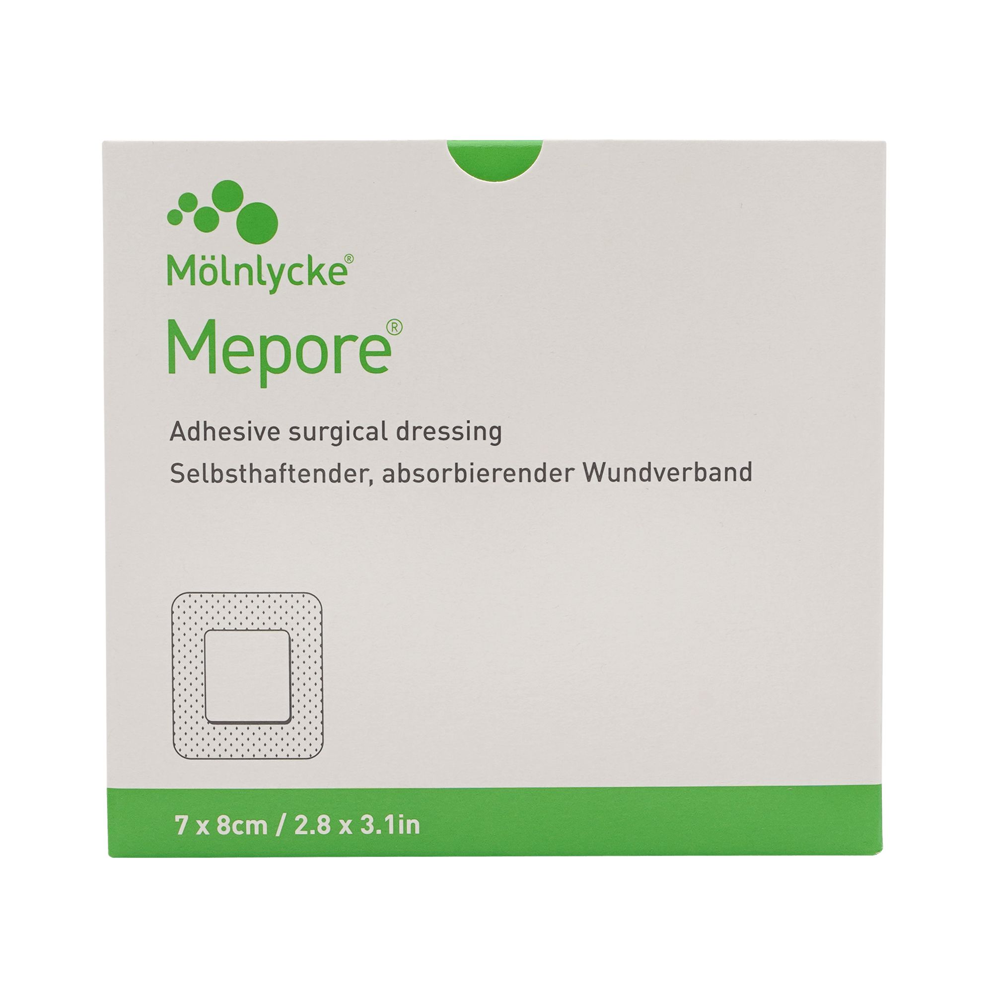 Verpackung mit Mepore Wundverband. Weiß mit grünem Streifen. Produktname und Beschreibung aufgedruckt. Größe: 7 x 8 cm.
